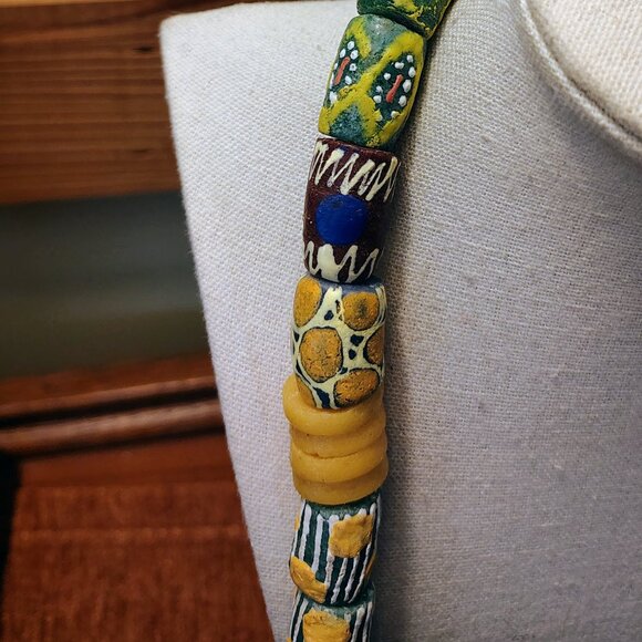 African Trade Beads Strand Multi Color Glass Tube Rare Patterns Necklace - Picture 9 of 11